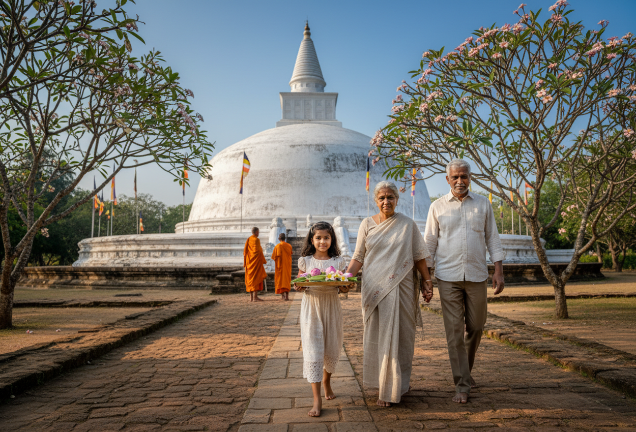 A midday scene in Anuradhapura, Sri Lanka: a barefoot grandparents and child walking along an ancient stone path toward a white‑plastered stupa, under frangipani trees with dappled sunlight. The child carries a tray of flowers, monks in saffron robes are seen in the background, and prayer flags flutter overhead.