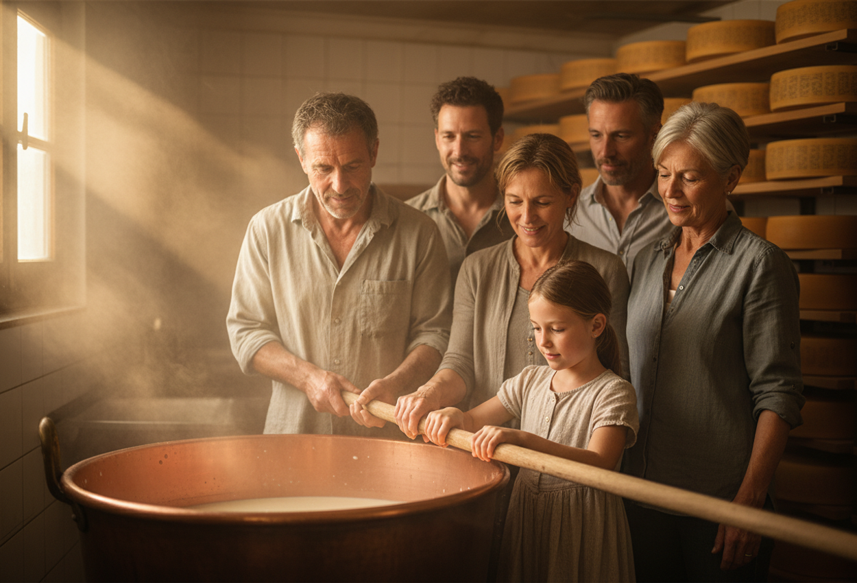 A warmly lit photograph shows a farmer with a multigenerational family inside a traditional Swiss dairy room, gathered around a large copper vat where curds are forming. A child assists stirring with a wooden paddle, steam rising gently. Shelves of aging cheese wheels line the background, with golden mid‑morning light streaming through a small window, casting soft atmosphere across textured surfaces and focused expressions.