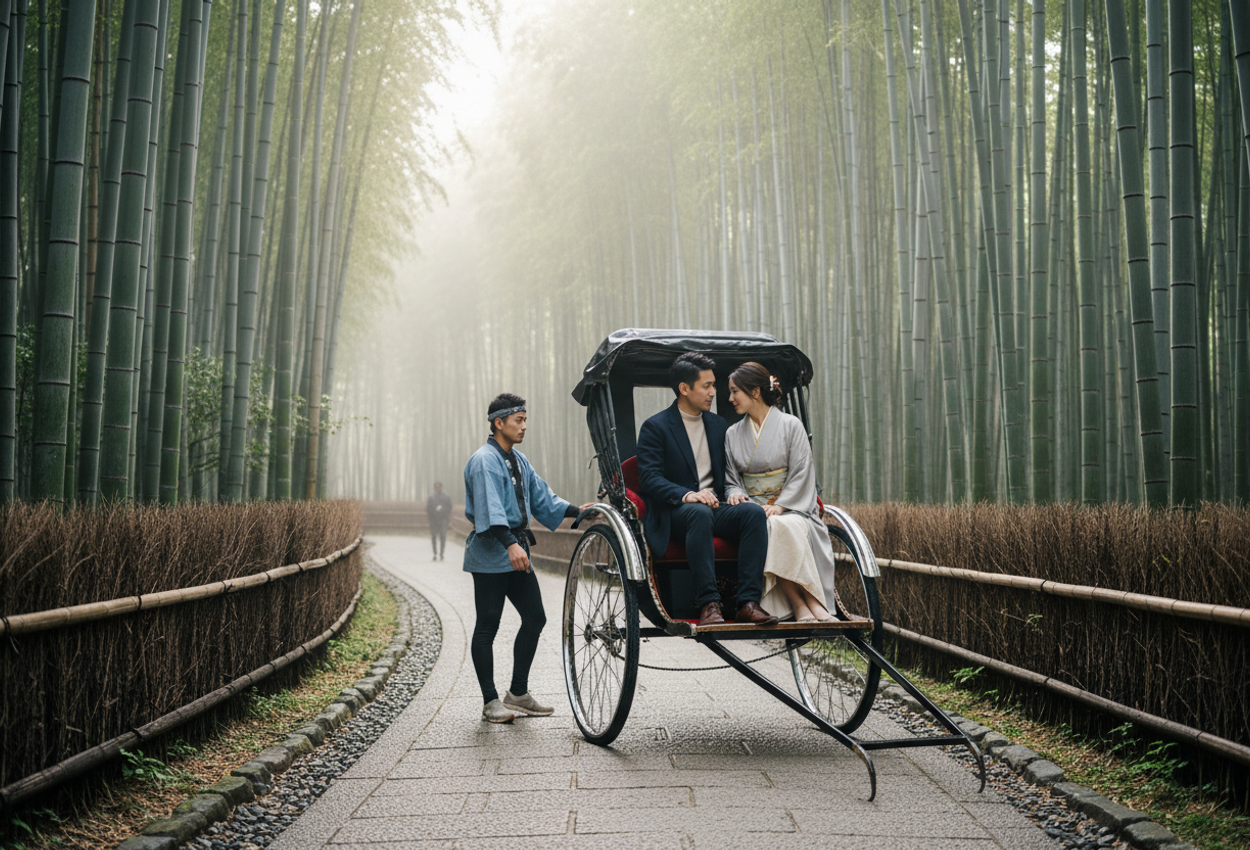 Early Morning Rickshaw Ride in Kyoto’s Arashiyama Bamboo Grove in Spring A high-resolution landscape photograph of a couple seated in a traditional rickshaw on the stone path of Kyoto’s Arashiyama Bamboo Grove on a cool spring morning. Soft sunlight filters through tall green bamboo, forming gentle rays in the mist. The couple, dressed in understated, elegant attire, is framed by dense bamboo columns and low wooden fences, while their rickshaw puller pauses ahead of them. The scene is quiet, detailed, and atmospheric, with natural colors and a strong sense of depth and tranquility.