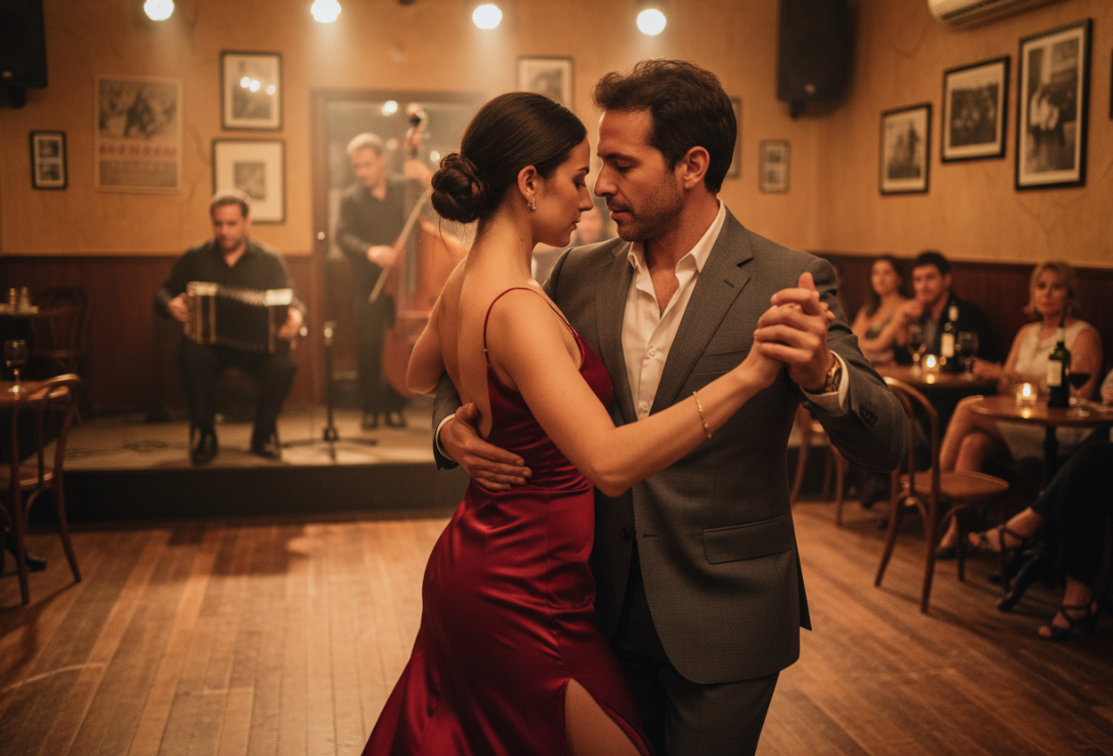 Intimate Tango Night in a Historic San Telmo Milonga in Buenos Aires Photograph of a couple dancing close-embrace tango on a polished wooden floor in a dimly lit San Telmo venue in Buenos Aires. The image focuses on their upper bodies and clasped hands, with the woman in a flowing red silk dress and the man in a dark suit. Behind them, softly blurred musicians play bandoneón, violin, and double bass on a small stage, while candlelit tables with wine glasses and seated guests frame the dance floor. Warm amber light and a slightly smoky atmosphere create an intimate, late-summer evening mood.