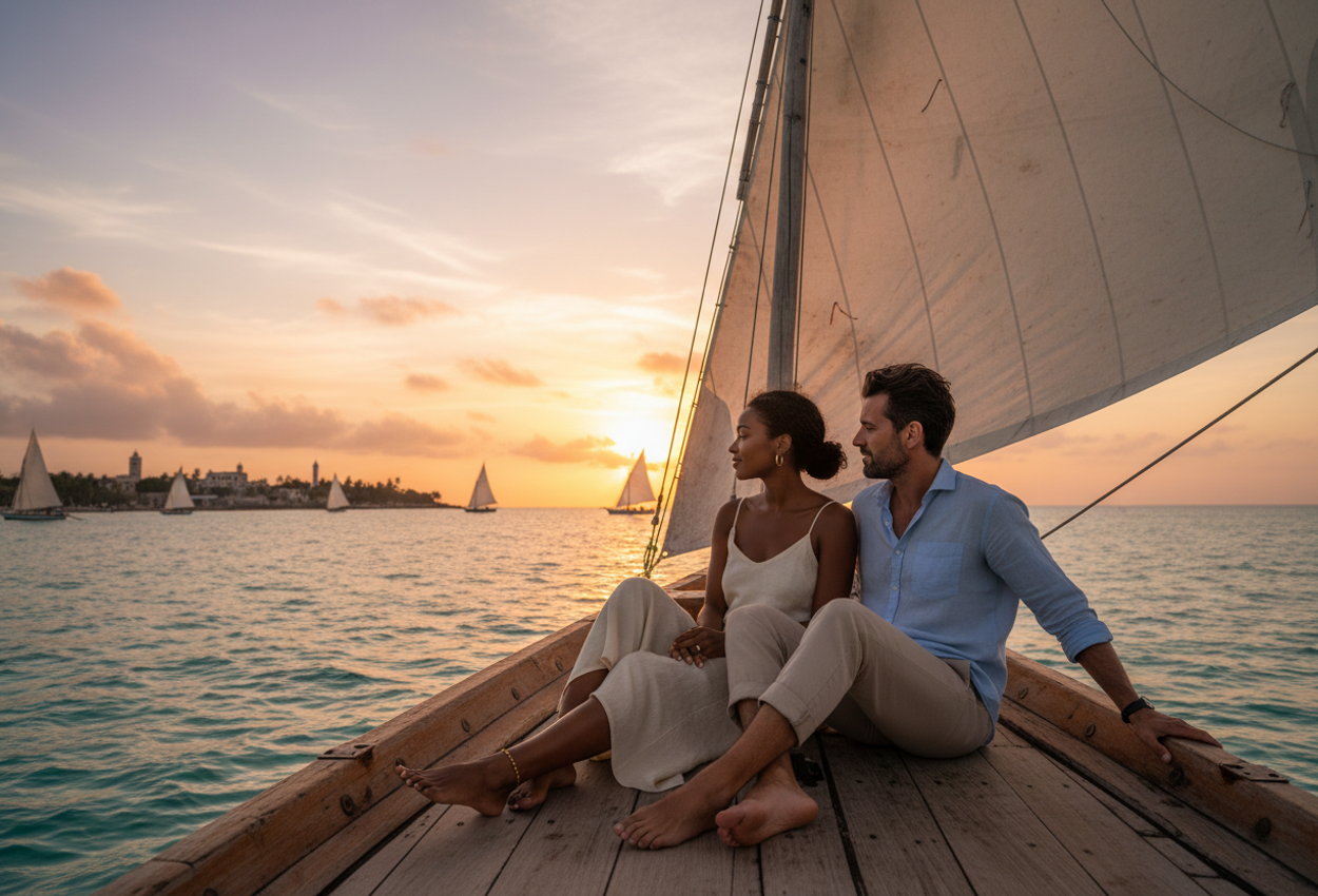 Romantic Dhow Sunset Cruise Off Zanzibar’s Stone Town Coast in Early August High-resolution photograph of a traditional wooden dhow sailing off the coast of Stone Town in Zanzibar at sunset in early August. A stylish barefoot couple sits at the bow, gently silhouetted against a vivid sky of gold, pink, and violet as the fully extended triangular sail cuts diagonally across the frame. The calm turquoise water reflects the layered colors of the sky, while the distant outline of Stone Town and a few other dhows punctuate the horizon, creating a serene and romantic coastal scene.