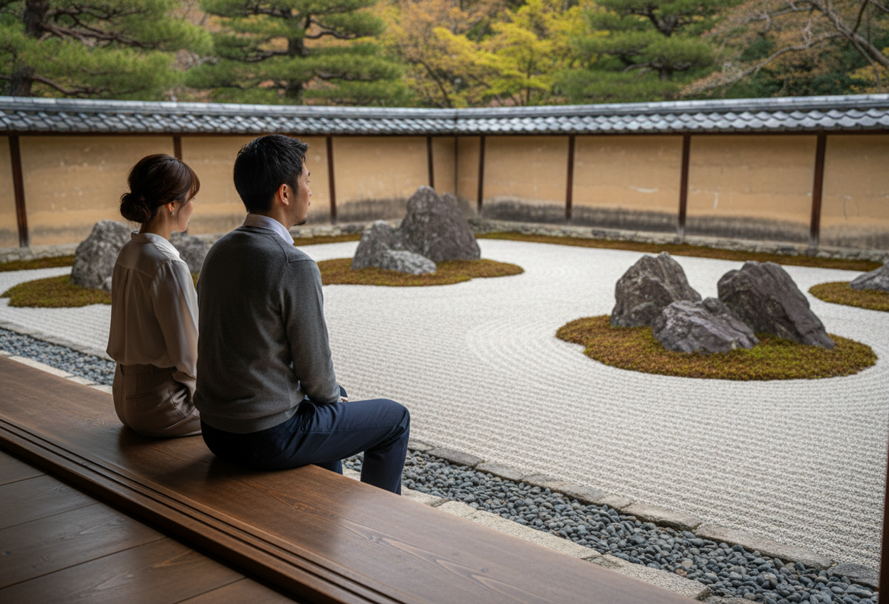 Serene Afternoon at Ryoan-ji Rock Garden in Kyoto with Contemplative Couple A high-resolution photograph taken from a low, seated viewpoint on the wooden veranda at Ryoan-ji temple in Kyoto, Japan, during a mild April afternoon. A Japanese couple in understated, elegant spring clothing sits side by side with their backs to the camera, quietly facing the famous raked white gravel and moss-covered rock formations of the Zen garden. The meticulously raked gravel, weathered stones, warm wooden floorboards, and earthen wall are rendered in fine detail under soft, even daylight, with hints of early spring greenery visible beyond the garden wall, creating a calm and introspective atmosphere.