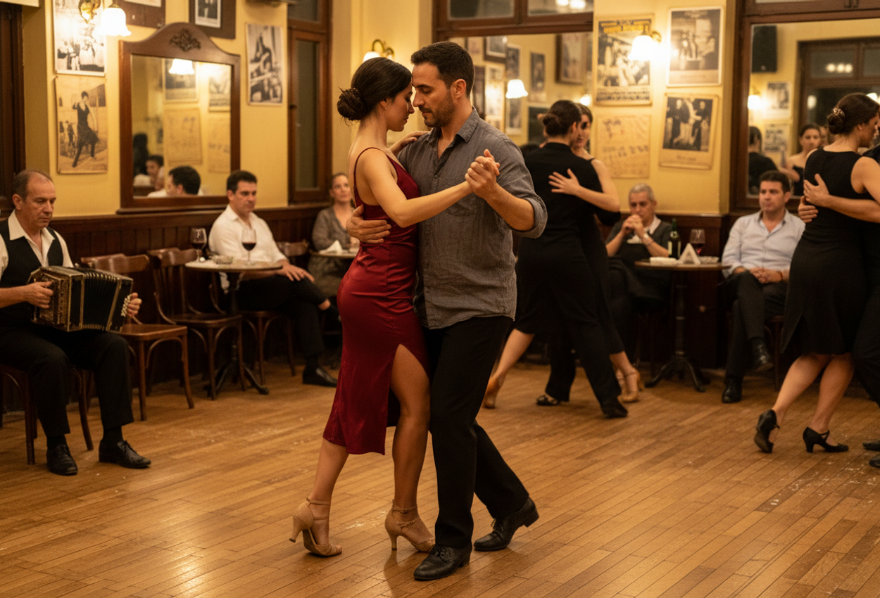 A color photograph shows the warm, low-lit interior of a traditional tango milonga in San Telmo, Buenos Aires, on a summer evening. A man and woman in their 30s dance an intimate tango in the center of a wooden dance floor, sharply in focus, while other couples blur around them in motion. The room has worn wooden floors, vintage posters and lamps on cream-colored walls, and small tables lined with half-finished glasses of red wine and wooden chairs where onlookers sit. A bandoneón player performs near the wall, lit by golden tungsten lamps that cast an amber glow and deep shadows, creating an atmospheric, crowded, and historic setting.