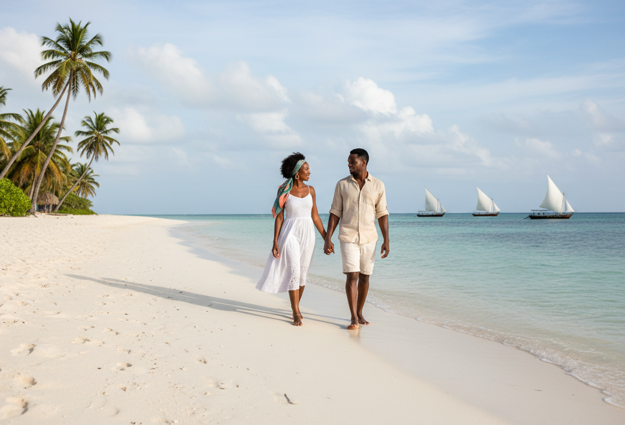 A high-resolution landscape photograph capturing a secluded stretch of white-sand beach in Matemwe, Zanzibar, on a bright late-February morning. A stylish couple walks hand in hand along the calm, turquoise shoreline, with gentle waves, tall palm trees framing one side, and a few traditional wooden dhows with white triangular sails on the horizon under a softly clouded blue sky.