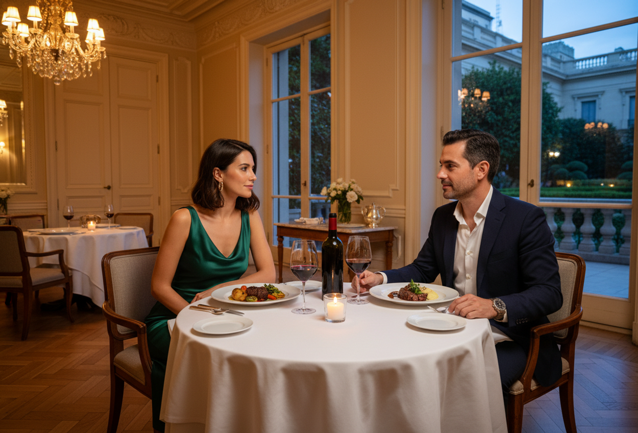 A high-resolution photograph of a stylish couple dining by candlelight in the elegant, high-ceilinged dining room of Palacio Duhau – Park Hyatt Buenos Aires, with parquet floors, chandeliers, beautifully plated Argentine dishes, and a view through tall windows onto the hotel’s manicured evening garden terrace at blue hour.