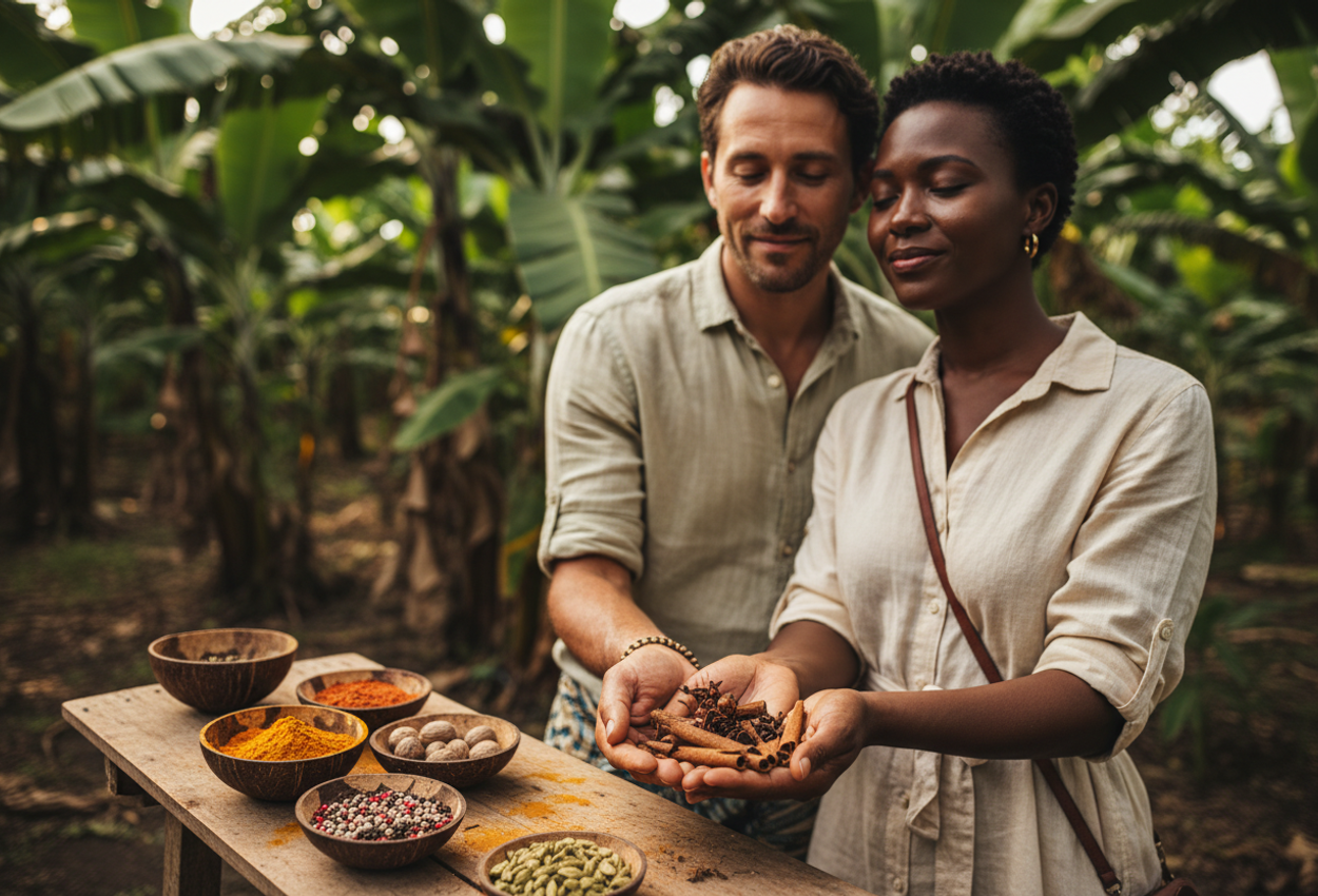 A high-resolution horizontal photograph shows a local guide at Siso Spice Farm in Zanzibar holding cloves and cinnamon bark in his weathered hands while a stylish couple leans in with eyes closed to smell the spices. In front, a rustic wooden table holds small bowls of colorful spices. Behind them, lush green banana plants and spice trees filter warm afternoon light, creating a soft, humid, and immersive plantation atmosphere.