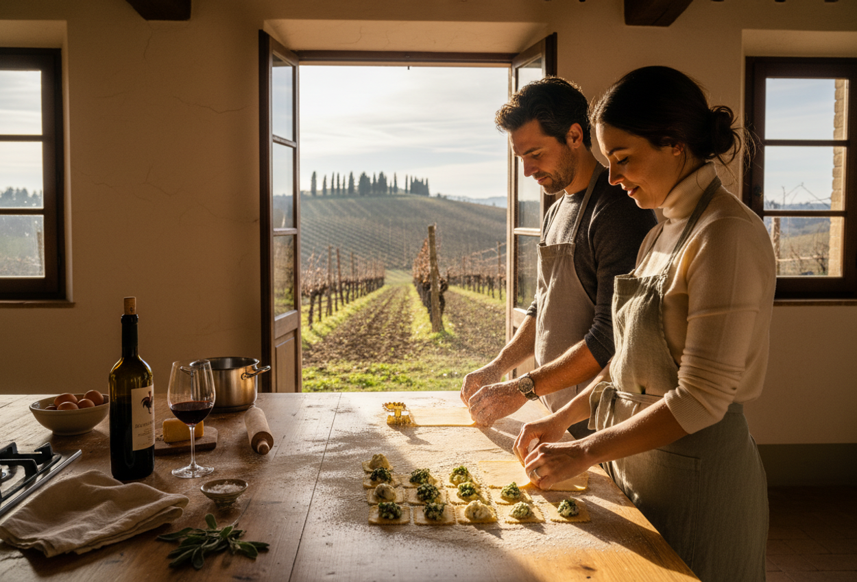 Romantic Couple Making Ravioli in a Tuscan Farmhouse Kitchen Overlooking Chianti Vineyards in Winter A high-resolution photograph of a stylish couple in their early thirties making fresh ricotta and spinach ravioli at a wooden table in a rustic Tuscan farmhouse kitchen. Warm late-afternoon light filters through large open windows, illuminating flour dust, pasta sheets, and a bottle of Chianti Classico with glasses of red wine. Beyond the couple, neat rows of dormant winter vines and dark cypress trees stretch across rolling Chianti hills under a cool, clear February sky.