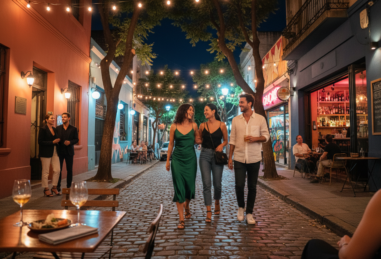 A wide-angle nighttime photograph captures a lively cobblestone street in Palermo Soho, Buenos Aires, on a warm summer evening. String lights and neon signs glow above low-rise buildings converted into colorful bars and restaurants. In the middle of the frame, a stylish group of young adults walks toward the camera, slightly blurred by motion, while other people sit at small outdoor tables with cocktails. Street art murals cover nearby walls, trees frame the scene above, and reflections of colored lights shimmer on the worn stones, creating a vivid sense of depth and atmosphere.