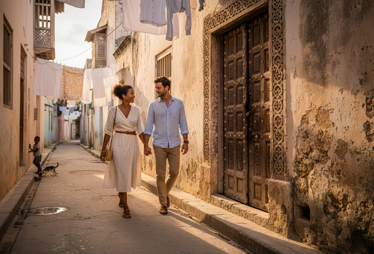 A late-afternoon photograph in Stone Town, Zanzibar, shows a narrow coral-stone alley lit by warm golden light. On the right, a large traditional carved wooden door with brass studs dominates the scene, its intricate details clearly visible in the side light. A stylish young couple walks hand in hand past the door, engaged in quiet conversation, casting long shadows across the worn stone pavement. Laundry hangs between the buildings above, and a local child with a small cat appears further down the alley, adding a sense of everyday life to the romantic, timeless atmosphere.