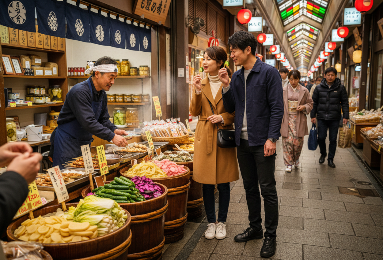 Lifestyle Photo of a Couple Tasting Pickles at Nishiki Market in Kyoto on a March Morning A high-resolution horizontal photograph inside Nishiki Market in Kyoto showing a stylish young couple sampling traditional pickles at a wooden stall with a smiling vendor. The foreground is filled with colorful barrels of pickled vegetables and skewers, while the covered arcade with lanterns, signs, and shoppers recedes into the background, creating strong depth and a lively yet calm atmosphere on a cool March morning.
