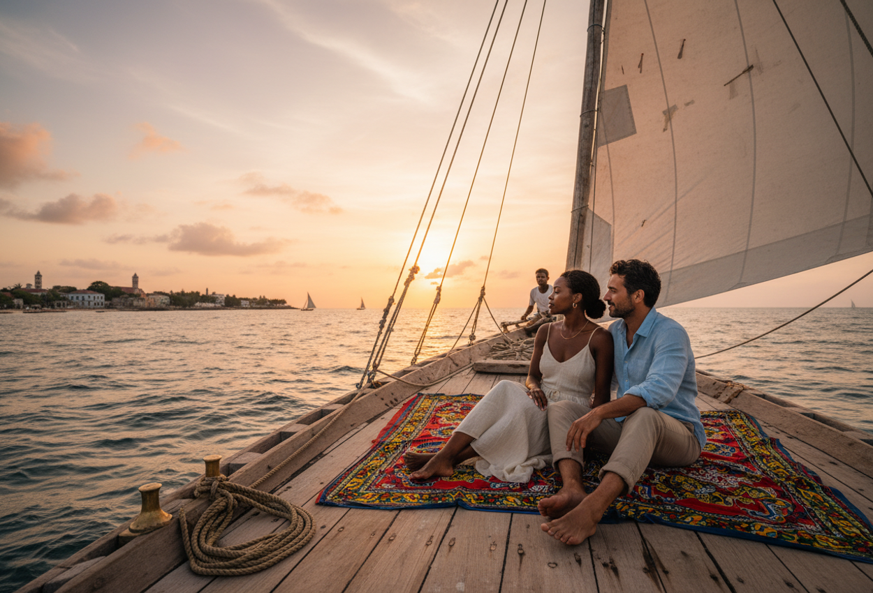 A wide-angle photograph taken from the bow of a traditional wooden dhow off Stone Town, Zanzibar, at sunset in early February. A stylish young couple sits closely together on colorful kanga cloths on the deck, facing a golden sun as it touches the horizon over the Indian Ocean. The dhow’s tall triangular sail rises diagonally across the frame, glowing softly in the backlight, while a crew member adjusts ropes near the mast. The sea shimmers with warm gold and rose reflections, and the distant Stone Town waterfront appears as a soft silhouette along the horizon with a few other dhows in the background.