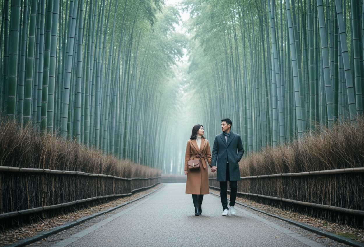 A high-resolution photograph shows a couple in elegant winter coats walking hand in hand down the central path of Kyoto’s Arashiyama Bamboo Grove. The camera sits low, capturing the long stone-and-earth path as it leads toward a distant vanishing point. Towering pale green bamboo stalks rise straight on both sides, enclosed by low wooden railings, forming a tunnel-like corridor. Soft, cool early-morning light filters through the high canopy, casting gentle highlights and shadows while a slight mist softens the far background. The couple’s figures are small against the immense vertical lines, emphasizing the scale and serenity of the bamboo forest.