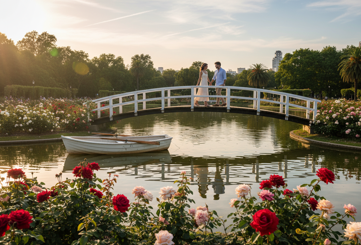 A detailed photograph captures a serene summer evening in El Rosedal de Palermo in Buenos Aires, Argentina. In the middle ground, a classic white arched wooden bridge spans a calm lake, with a stylish young couple walking slowly across it, softly backlit by the low golden sun. The foreground is filled with blooming rose bushes in red, pink, and cream, their petals glowing at the edges. A white rowboat drifts quietly on the reflective water, which mirrors the bridge, couple, and surrounding greenery. Mature trees and a warm pastel sky complete the tranquil, romantic garden atmosphere.