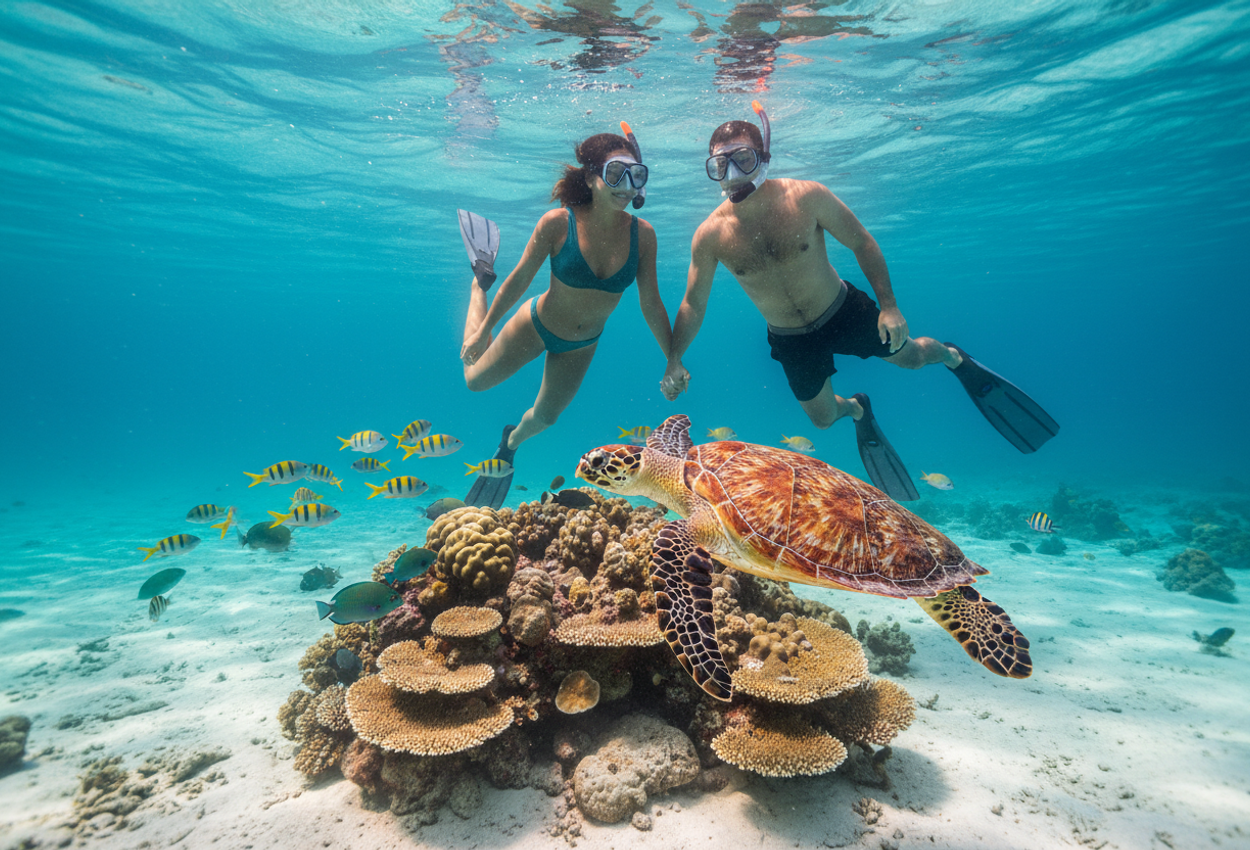 Underwater photograph showing a couple snorkeling hand in hand above a vibrant coral reef at Mnemba Atoll off Zanzibar. A large coral head with branching and brain corals fills the lower part of the frame, while a hawksbill turtle glides calmly in the mid-ground surrounded by colorful reef fish. Clear turquoise water, visible sunbeams, and the couple’s streamlined bodies near the surface create a bright, serene tropical scene.