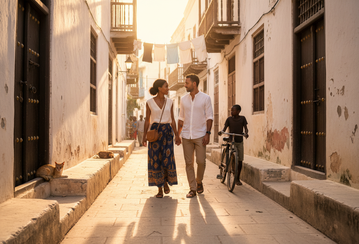 Golden Hour Street Scene in Stone Town Zanzibar with Couple Walking Through Historic Alley A high-resolution photograph of a narrow alley in Stone Town, Zanzibar, captured in warm late-afternoon light. Weathered whitewashed buildings with carved wooden doors and brass studs frame the scene. A stylish couple walks away from the camera, their long shadows stretching across sunlit stone paving. A small cat rests near a doorway, laundry hangs overhead, and a boy quietly pushes a bicycle along the wall, all combining to create a calm, timeless atmosphere in this historic neighborhood.