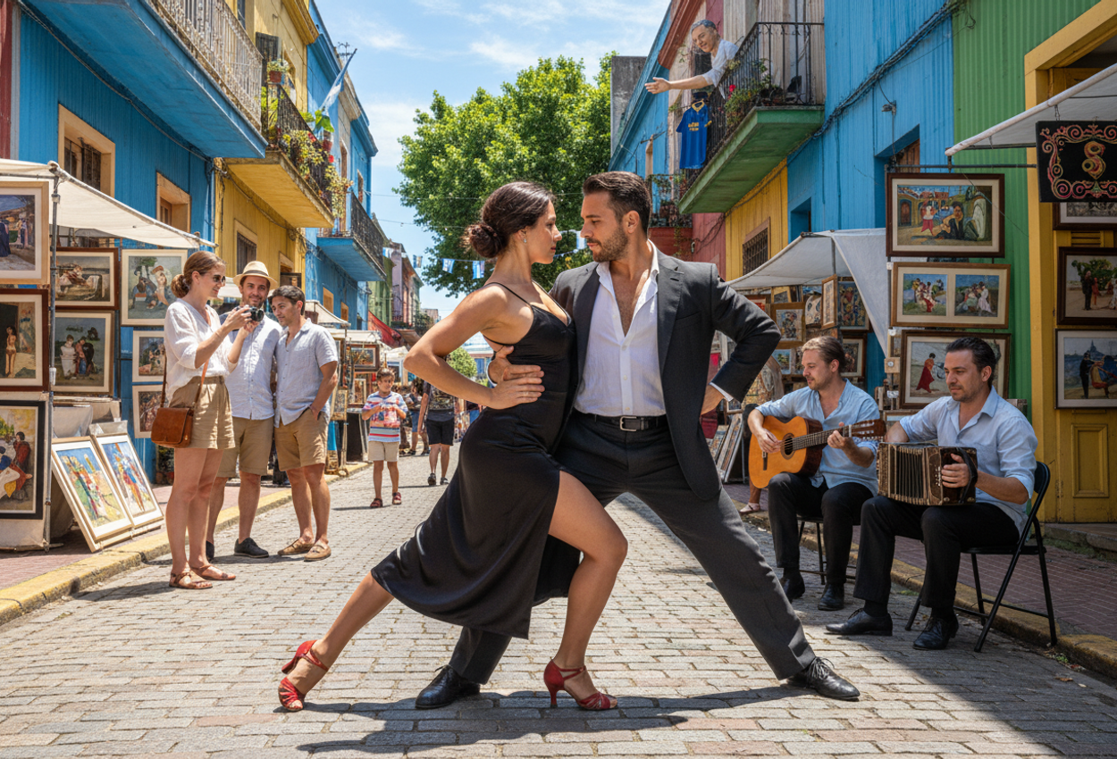A detailed daytime photograph of Caminito in La Boca, Buenos Aires, showing a tango couple dancing on cobblestones in front of brightly painted corrugated-metal houses, with musicians playing nearby, art stalls lining the street, and tourists and locals watching under a warm summer sky.