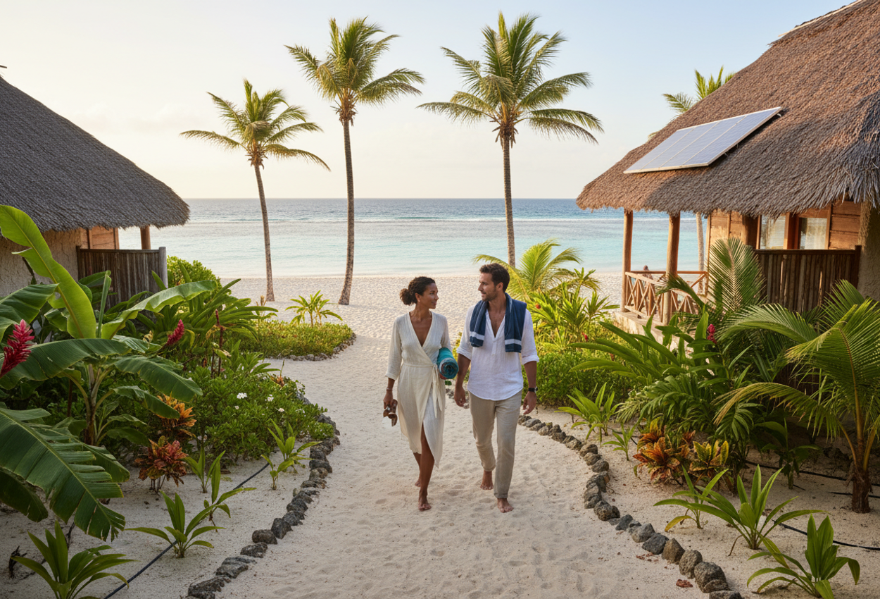 Photograph taken from a slightly elevated viewpoint at Zuri Zanzibar in Kendwa, showing a sandy garden path lined with dense tropical plants leading toward a bright white beach and calm turquoise sea on a warm February afternoon. A stylish barefoot couple walks away from the camera along the path, passing low thatched-roof bungalows partially hidden in lush greenery, with discreet solar panels visible on one roof. The late-afternoon light warms the foliage and sand, while a few tall palm trees lean toward the shimmering Indian Ocean in the distance, creating a tranquil sense of secluded resort luxury.