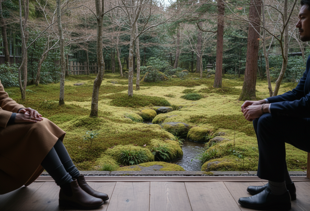 A quiet winter scene at Gio-ji Temple’s moss garden in Kyoto, Japan, seen from the low wooden engawa. The photo focuses on a richly textured carpet of green moss, slender maple and cedar trunks, and a narrow stream, with only the lower legs and hands of a seated couple visible in the foreground, suggesting calm contemplation in soft overcast light.