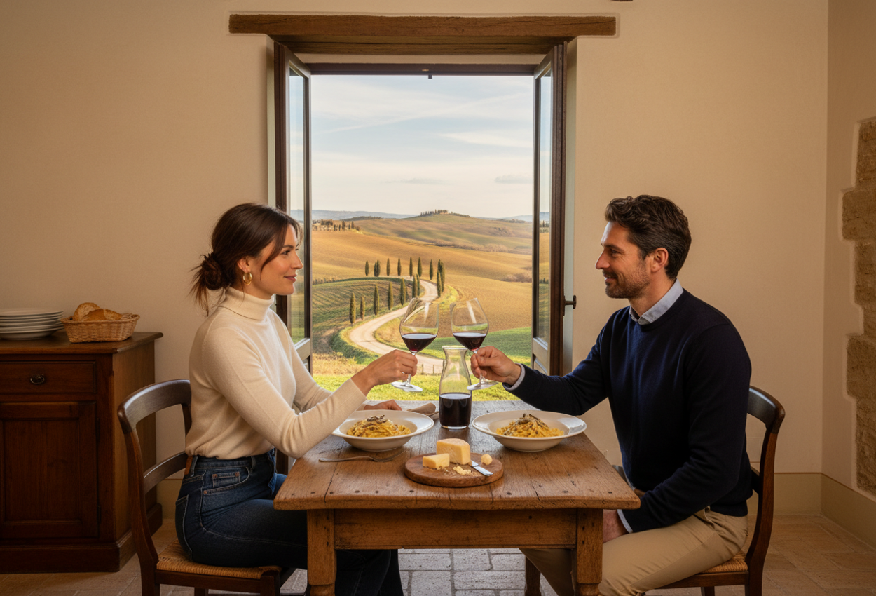 Romantic Farmhouse Lunch Overlooking the Val d’Orcia Hills in Tuscany A photograph taken inside a rustic Tuscan farmhouse kitchen shows a stylish couple sharing a quiet moment over steaming bowls of pecorino and truffle pasta at a wooden table, with a carafe of red wine and a wedge of Pecorino di Pienza beside them. Through the open doorway behind them, the rolling late-winter hills of the Val d’Orcia stretch into the distance, with a winding dirt road lined by tall cypress trees and scattered stone farmhouses bathed in warm golden-hour sunlight.