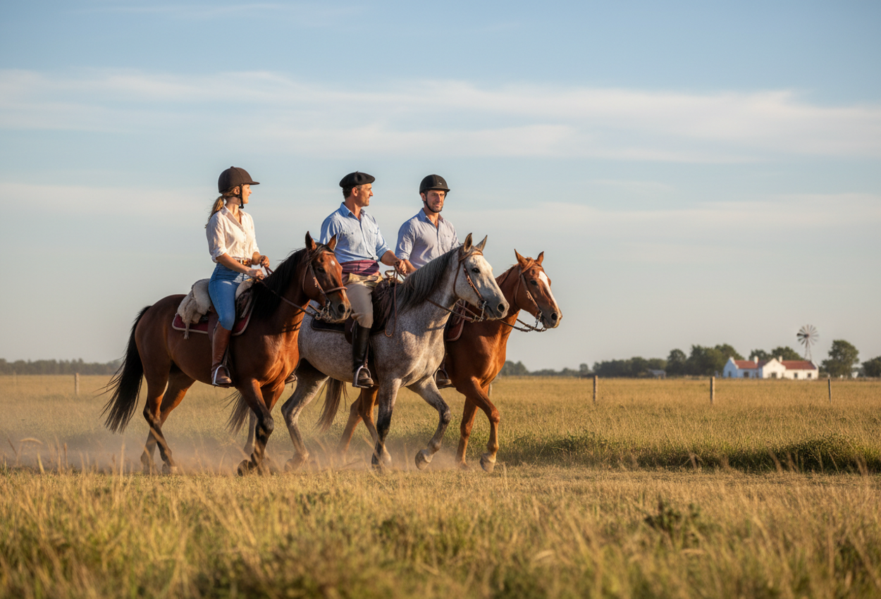 A high-resolution photograph captures a couple on horseback riding side by side across the open grasslands of the Argentine Pampas near Buenos Aires, guided by a gaucho in traditional attire. The scene is bathed in warm afternoon light under a wide pale blue sky, with soft dust rising from the horses’ hooves and a small distant ranch and trees on the horizon, conveying a sense of space, calm, and rural authenticity.