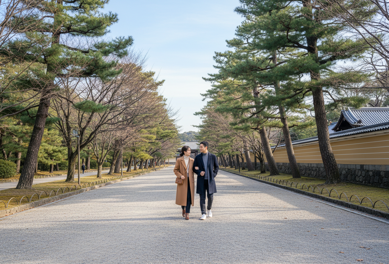 A high-resolution photograph shows a wide gravel path running straight through Kyoto Gyoen National Garden on a clear late-winter day. Tall evergreen pines and leafless deciduous trees line both sides of the path, their trunks and branches forming a natural corridor that leads the eye into the distance. At the center, a stylish couple in wool coats walks arm in arm away from the camera, appearing small but clearly the focus. To the right, partly hidden behind the trees, the ocher walls and tiled rooflines of the Kyoto Imperial Palace are visible, suggesting the historic setting without dominating the scene. The light is bright and crisp, with long soft shadows stretching across the gravel, cool blue sky above, and a calm, spacious atmosphere.