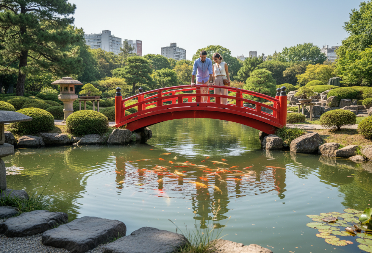 Photograph of a serene summer afternoon in the Japanese Garden in Palermo, Buenos Aires, showing a vivid red arched bridge over a koi-filled pond. A stylish couple in light summer clothing leans on the bridge rail, looking down at brightly colored koi beneath gently rippling water. Manicured trees, a stone lantern, rocks, and leafy cherry and maple trees form a lush green backdrop, with a few bonsai displays visible along a garden path. The scene is captured in landscape format with clear midday light, crisp textures, and a calm, contemplative atmosphere.