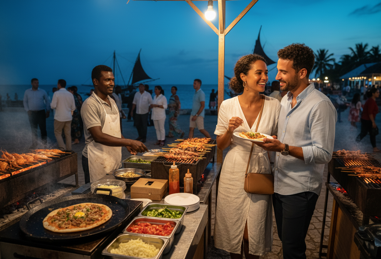 A hyperrealistic photo of a young couple sharing Zanzibar pizza at a glowing food stall in Forodhani Night Market in Stone Town, Zanzibar, just after sunset. Warm light from bare bulbs and grills illuminates their faces and the sizzling food, while the bustling crowd, smoky stalls, and dark outline of the harbor with dhow masts fade into a soft blue hour background, creating a layered, romantic and atmospheric night-market scene.