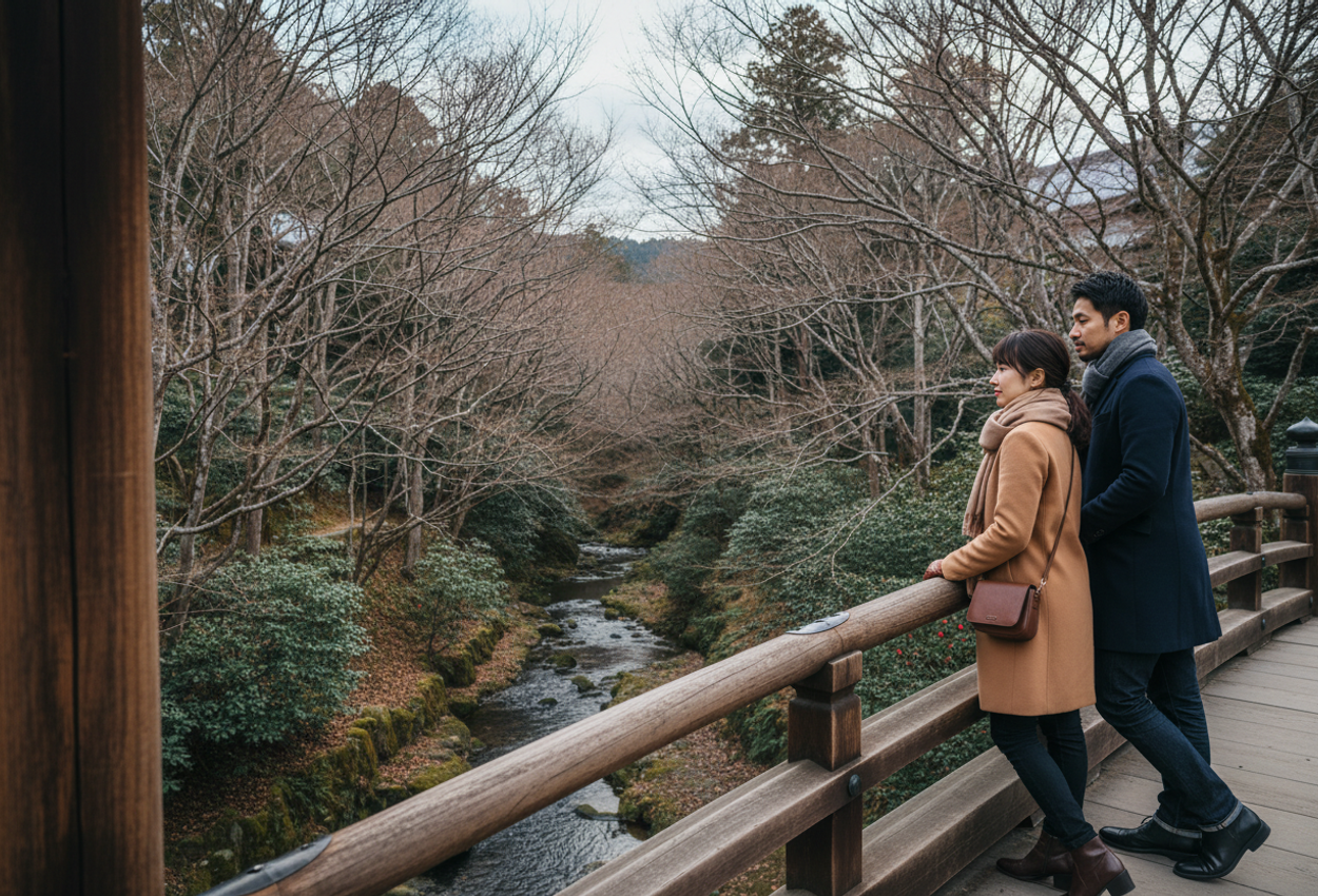 A high-resolution winter photograph taken from Tsutenkyo bridge at Tofuku-ji Temple in Kyoto, showing a well-dressed couple leaning on the dark wooden railing and looking down into a narrow ravine filled with bare maple branches, a winding stream, moss-covered rocks, and muted green shrubs under soft, overcast late-morning light.