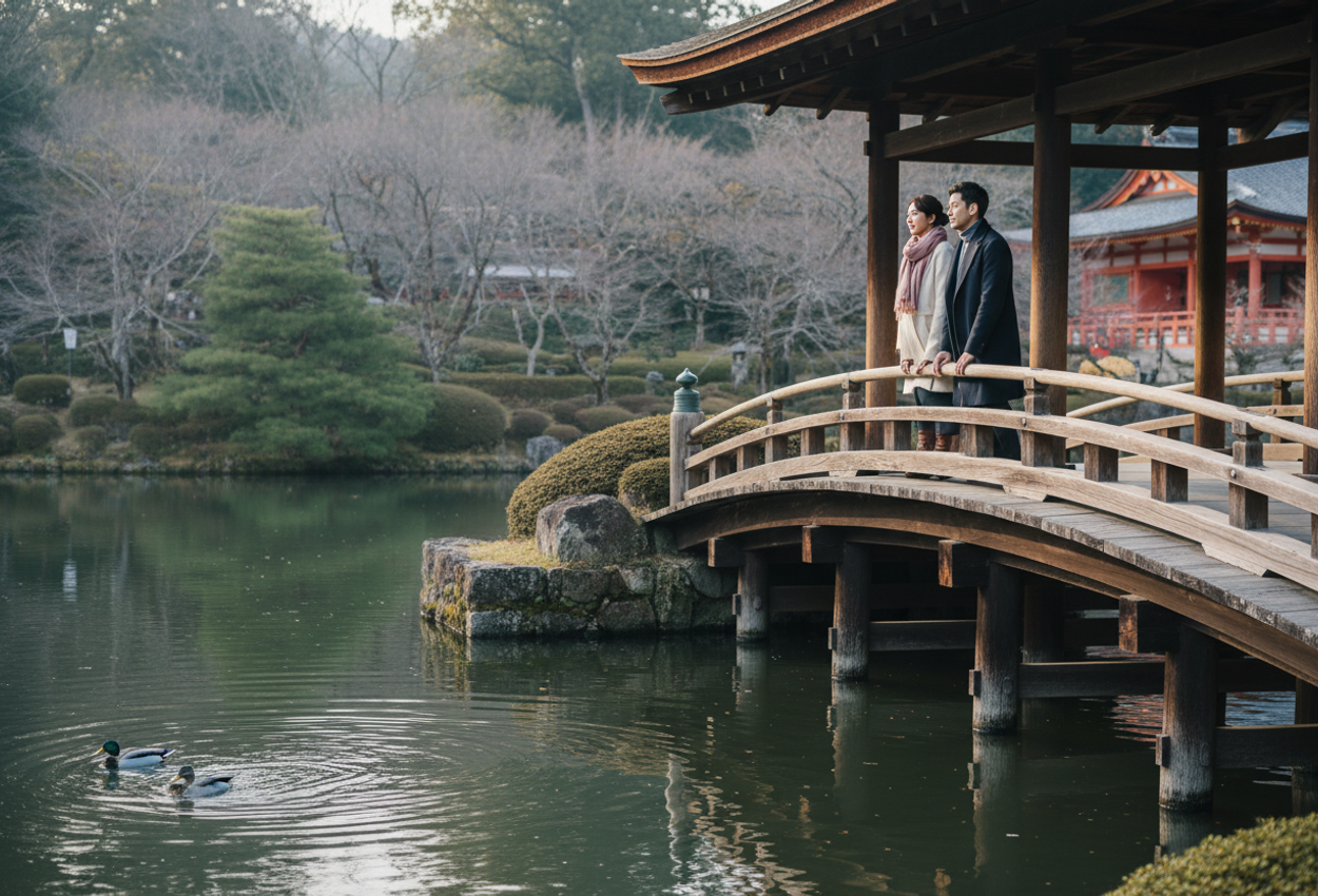 A high-resolution landscape photograph of a stylish couple standing on the Taihei-kaku covered bridge over Seihou Pond in the gardens of Heian Jingu Shrine in Kyoto. The dark wooden bridge with its gently curved roof spans the mid-frame, reflected in the still pond below. Bare late-winter trees, evergreen shrubs, and hints of vermilion shrine buildings appear in the background. Soft, cool late-afternoon light highlights the couple’s elegant winter coats and the textures of the wood and water, creating a calm, romantic atmosphere before cherry blossom season.