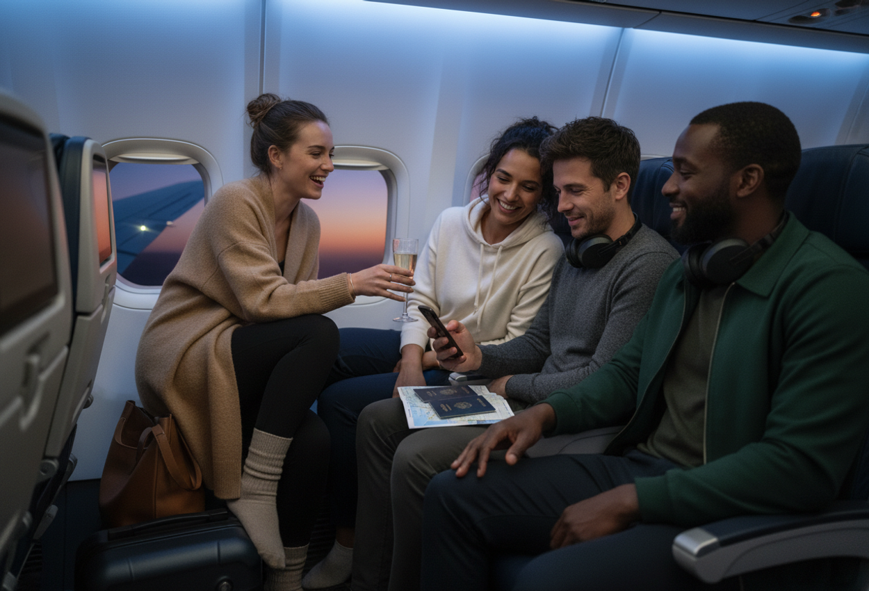 A candid photograph inside a dimly lit long-haul aircraft shows four friends in their early thirties seated across an aisle, dressed in comfortable but stylish travel clothes with noise-cancelling headphones around their necks. Two friends lean together sharing a smartphone playlist, while another laughs as she reaches to take a plastic cup of sparkling wine from her companion. Passports, a folded map, and a leather travel wallet rest on a tray table, and a soft dusk sky with a visible airplane wingtip glows through the window. The cabin is illuminated by cool blue overhead lights and the warm tones of the fading sunset, creating an intimate, anticipatory mood.