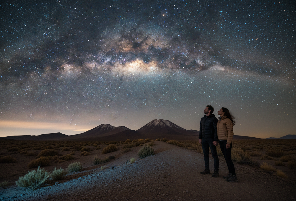 Couple Under the Milky Way in the Atacama Desert Near San Pedro de Atacama at Night Nighttime photograph of a couple standing close together on a low desert rise just outside San Pedro de Atacama in Chile. They appear as small silhouettes against a vast, crystal-clear sky where the Milky Way stretches in a bright arc from edge to edge. The foreground shows faintly lit sand, pebbles, and sparse shrubs, with dark volcanic peaks on the horizon. The pair hold hands and look upward, dressed in warm, modern outdoor clothing, conveying quiet intimacy and a sense of awe beneath the immense high-altitude winter sky.
