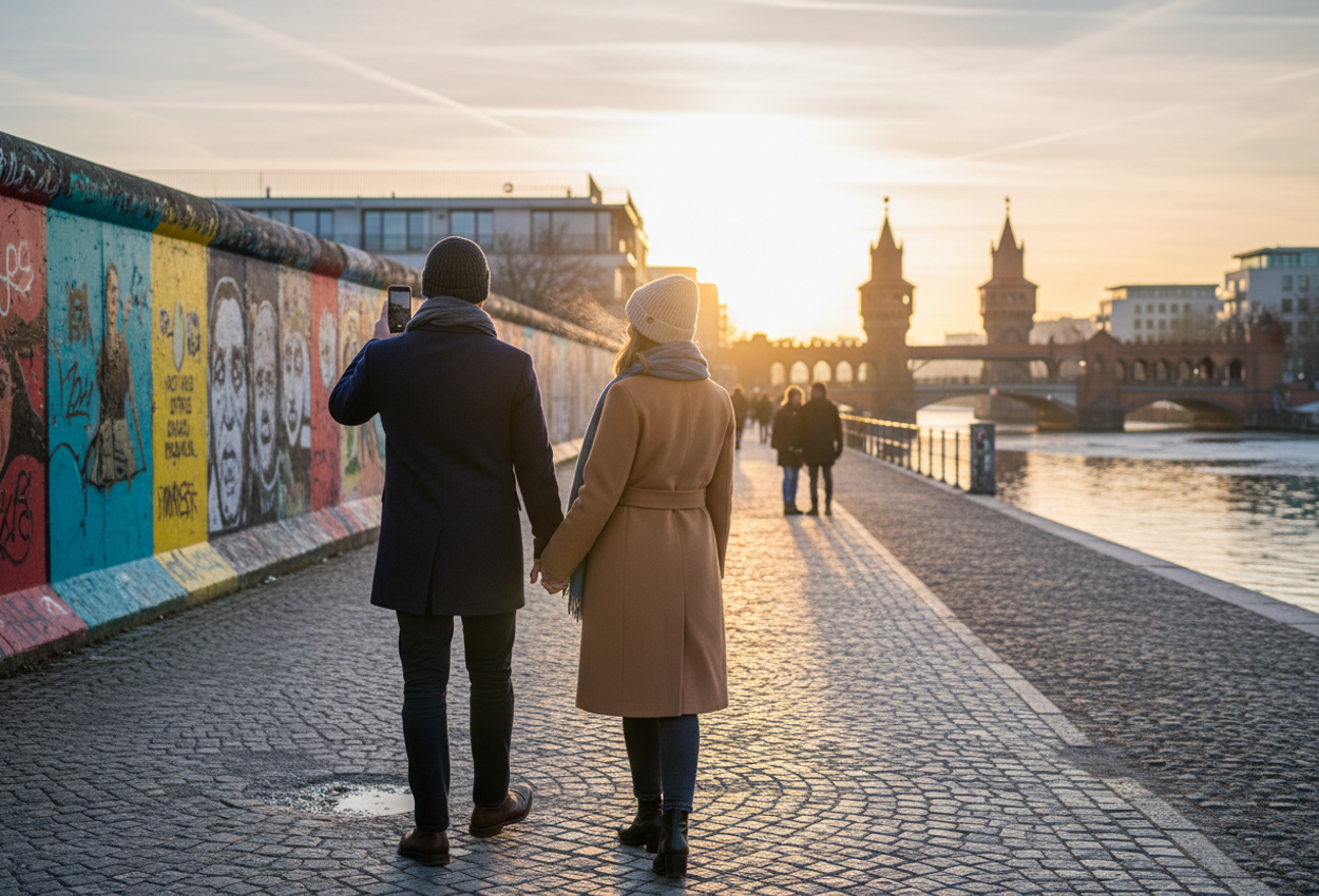 Romantic Winter Walk at Berlin’s East Side Gallery During Golden Hour A couple in stylish winter coats walks hand in hand along Berlin’s East Side Gallery at sunset, with vivid murals on the Berlin Wall, the River Spree shimmering in golden light, and the red-brick Oberbaumbrücke bridge glowing softly in the distance under a pink and orange winter sky.