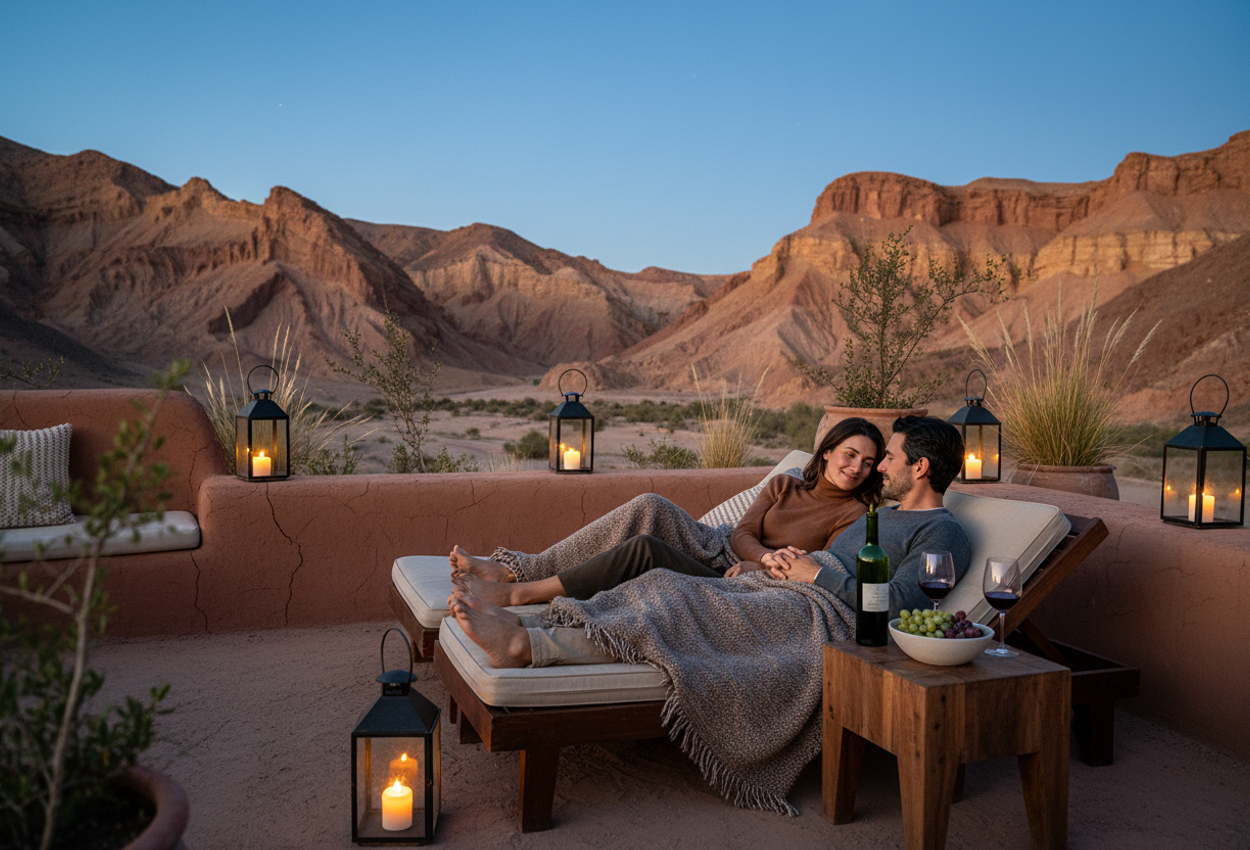 Intimate Twilight Terrace at Nayara Alto Atacama Overlooking a Desert Canyon A couple in their early 30s relaxes on a private adobe terrace at Nayara Alto Atacama, wrapped in alpaca blankets on lounge chairs as evening falls over a rugged Atacama Desert canyon. Warm lantern light illuminates their faces, a small wooden table with Chilean red wine and glasses, native desert plants in clay pots, and the textured adobe walls, while the distant hills fade into shadow under a deep blue sky with the first stars appearing.