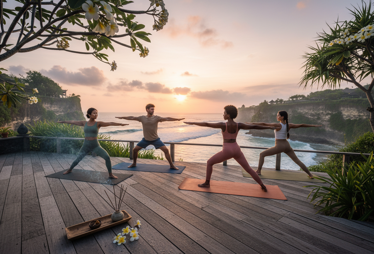 Photograph of four friends practicing sunrise yoga on a wooden clifftop deck at Uluwatu Surf Villas in Bali, facing the Indian Ocean in Warrior II pose. The camera is low to the deck, showing detailed teak floorboards, incense smoke curling in the foreground, and frangipani blossoms scattered near the mats. The group, dressed in simple, premium yoga wear, is softly backlit by a pastel dawn sky of pink and gold. Tropical foliage frames the open-air deck, while steep limestone cliffs and rolling waves stretch below, with a small Balinese temple visible on a distant headland, creating a calm, luxurious coastal atmosphere.