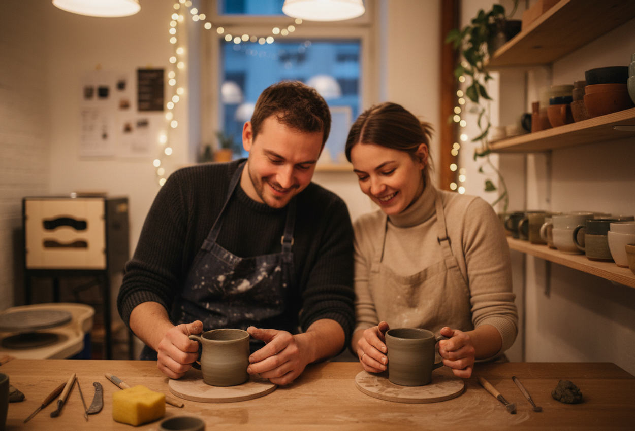 Cozy Winter Pottery Workshop for Couples in a Neukölln Ceramics Studio A warmly lit ceramics studio in Berlin’s Neukölln district during a winter evening workshop. A couple sits side by side at a wooden table, their clay-covered hands shaping two small mugs in the foreground. The camera focuses on their overlapping fingers and damp stoneware, while their smiling faces are softly blurred above. Behind them, shelves filled with handmade cups and bowls in earthy glazes, a small potted plant, fairy lights, and a compact kiln create a cozy, intimate studio atmosphere.