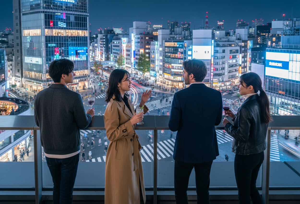 A high-resolution nighttime photograph taken from a rooftop bar overlooking Tokyo’s Shibuya Crossing, showing four stylish friends from behind as they lean on a metal railing, waist-up, watching the illuminated intersection below. Neon signs in blue, pink, and yellow reflect off nearby glass buildings, while traffic and crowds form long, soft light trails on the streets. The group stands in relaxed, natural poses, subtly lit by ambient bar lighting that outlines their silhouettes against the glowing cityscape and layered skyline in the distance.