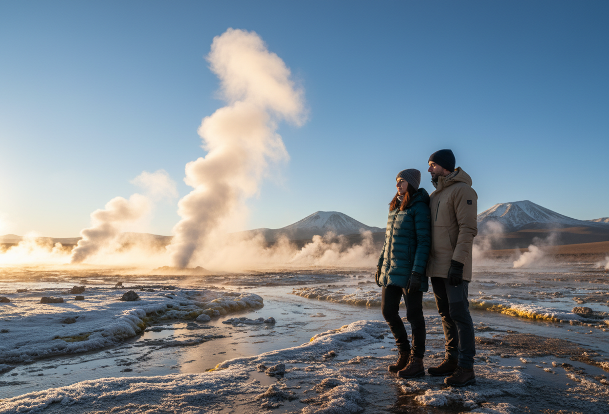 Sunrise at El Tatio Geysers in Chile’s Atacama Desert with Luxury-Clad Couple A high-resolution photograph of a couple in stylish technical winter jackets standing side by side on a frost-covered geothermal field at El Tatio in Chile’s Atacama Desert. They face away from the camera toward tall plumes of white steam rising from bubbling pools, backlit by the first golden light of sunrise. The rugged, mineral-crusted ground, delicate ice crystals, and distant jagged Andean mountains under a clear blue sky create a dramatic, high-altitude scene with a sense of quiet luxury and adventure.