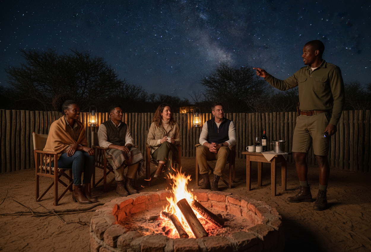 Nighttime photograph of four stylish friends and a ranger gathered around a glowing fire in a traditional wooden boma at a private safari lodge near Kruger National Park. The camera is placed low by the fire, with orange flames filling the foreground and casting warm light on faces wrapped in wool blankets and casual safari layers. A ranger in uniform stands to one side, mid-story, gesturing up toward a clear African sky filled with stars and a faint Milky Way. Metal lanterns hang from tall wooden poles, while the surrounding bushveld fades into darkness, creating an intimate, luxurious atmosphere.