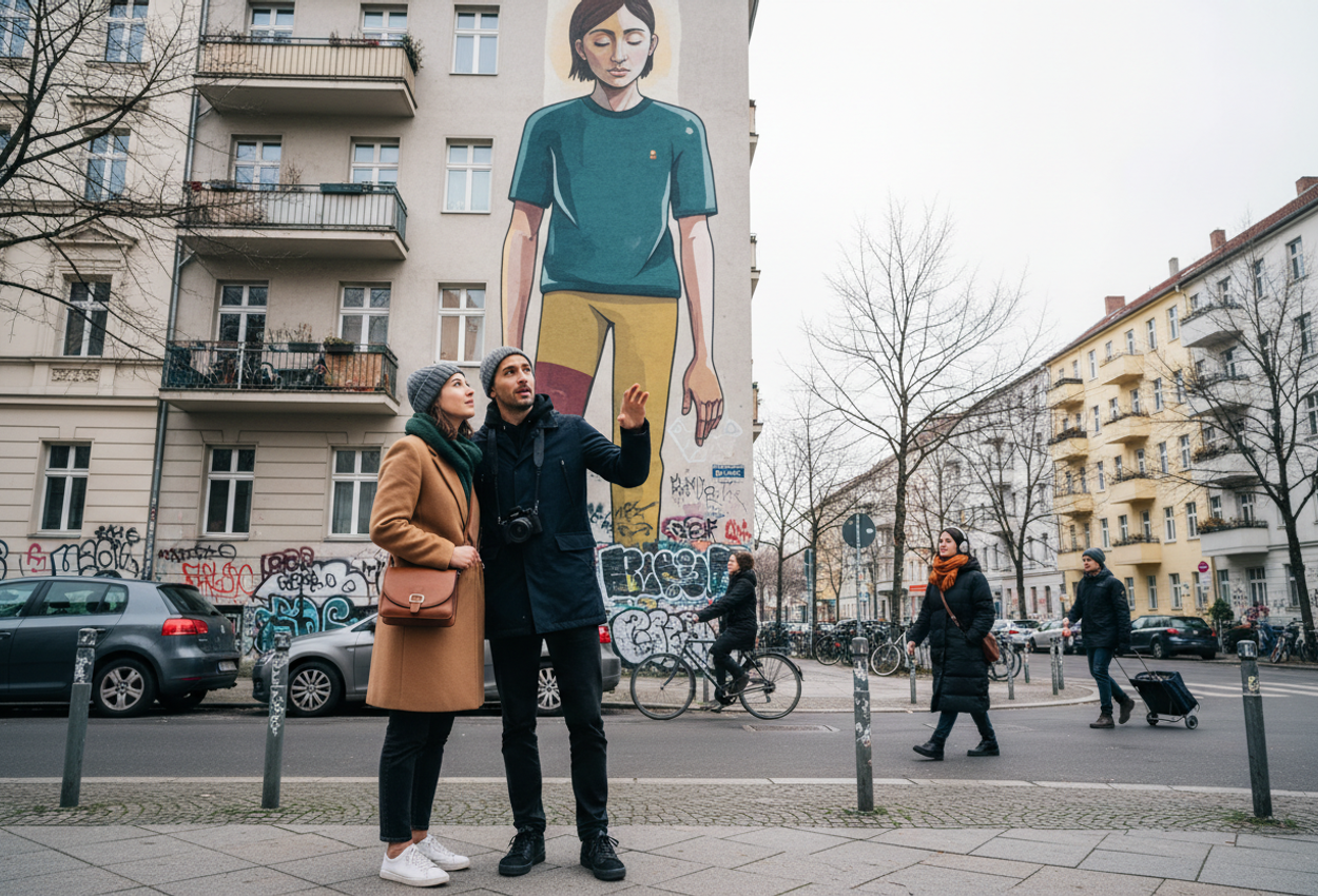 Winter Street Art Tour in Kreuzberg Berlin with Towering Mural and Stylish Couple A high‑resolution photo shows a stylish couple on a guided street art tour in Kreuzberg, Berlin, standing close together with their backs to the camera as they look up at a towering mural on the side of an older apartment building. Their guide stands slightly to the side, mid‑gesture, pointing out details of the colorful, stylized human figure painted on the wall. The trio occupies the lower part of the frame while the mural dominates the upper portion. The street around them features graffiti‑covered facades, bare winter trees, and a few pedestrians in coats and beanies walking past under a pale overcast February sky, creating a realistic, atmospheric winter city scene.