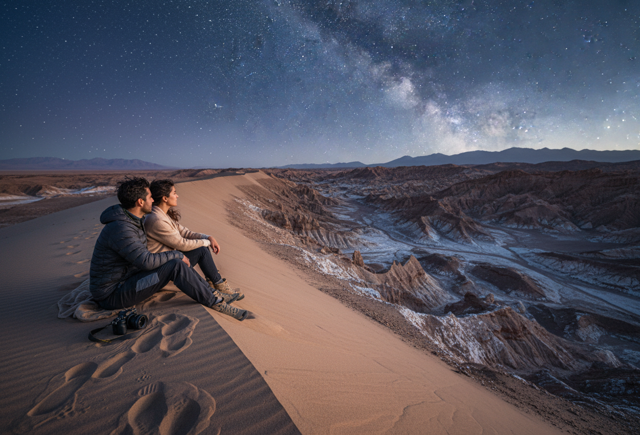 Twilight Over Valle de la Luna: Milky Way Rising Above an Atacama Desert Dune A high-resolution photograph taken from the crest of a sand dune in Chile’s Valle de la Luna shows a couple sitting close together on the ridge at twilight, their footprints trailing behind them in finely textured desert sand. Below, jagged ridges and salt-crusted formations of the Atacama Desert recede into the distance, tinted in deep purples, blues, and muted browns. Above, a clear, darkening sky reveals a dense field of stars, with the soft band of the Milky Way beginning to appear diagonally overhead. The horizon is carefully leveled, and the scene feels calm, expansive, and intimate, with the couple quietly watching as day gives way to night.