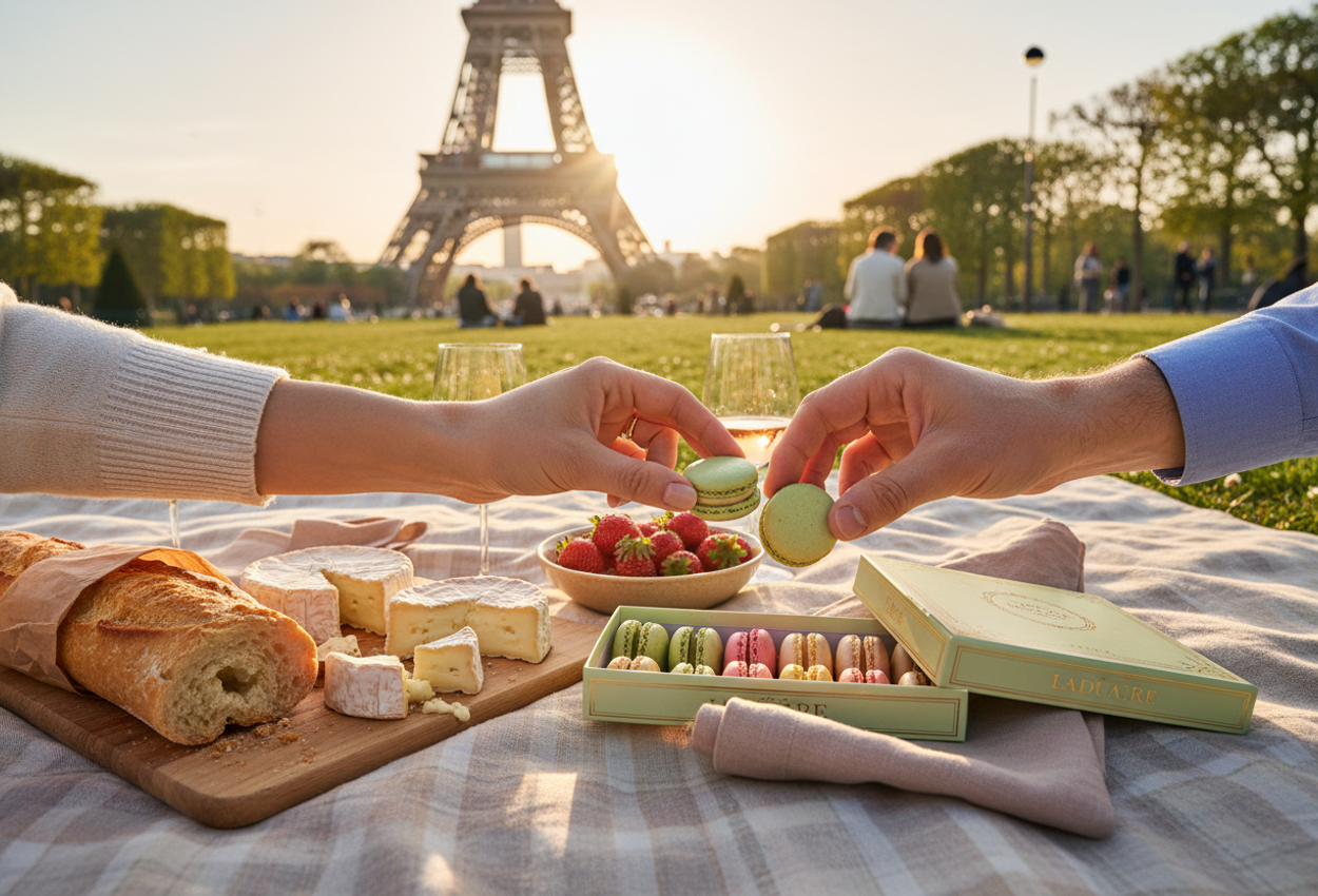 A close-up color photograph taken at blanket level shows an elegant spring picnic on the Champ de Mars in Paris during golden hour. In the foreground, a pastel checked blanket holds an open pale green Ladurée box filled with pastel macarons, a fresh baguette, soft French cheeses, and a bowl of strawberries. Two adults’ hands, one emerging from a cream sweater and the other from a light blue shirt, reach toward each other as one passes a macaron to the other above the box. The grass around the blanket is green with small spring flowers, and in the softly blurred background the Eiffel Tower rises against a warm evening sky, backlit by the low sun, creating a romantic and luxurious atmosphere.