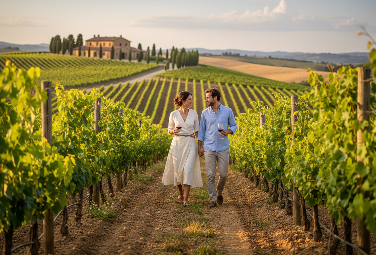 A high-resolution photograph of a couple in their early thirties walking hand in hand along a central row of a Tuscan vineyard in early summer, around golden hour. Neat green vines line both sides of the path, their leaves backlit by the low sun, while the couple carries a bottle and glasses of red wine and look at each other with relaxed smiles. Rolling hills, cypress trees, and a stone farmhouse with terracotta roof tiles fill the hazy background under a warm, pale blue sky. The scene feels quiet, intimate, and luxurious, with detailed textures visible in the soil, foliage, clothing, and stone buildings.