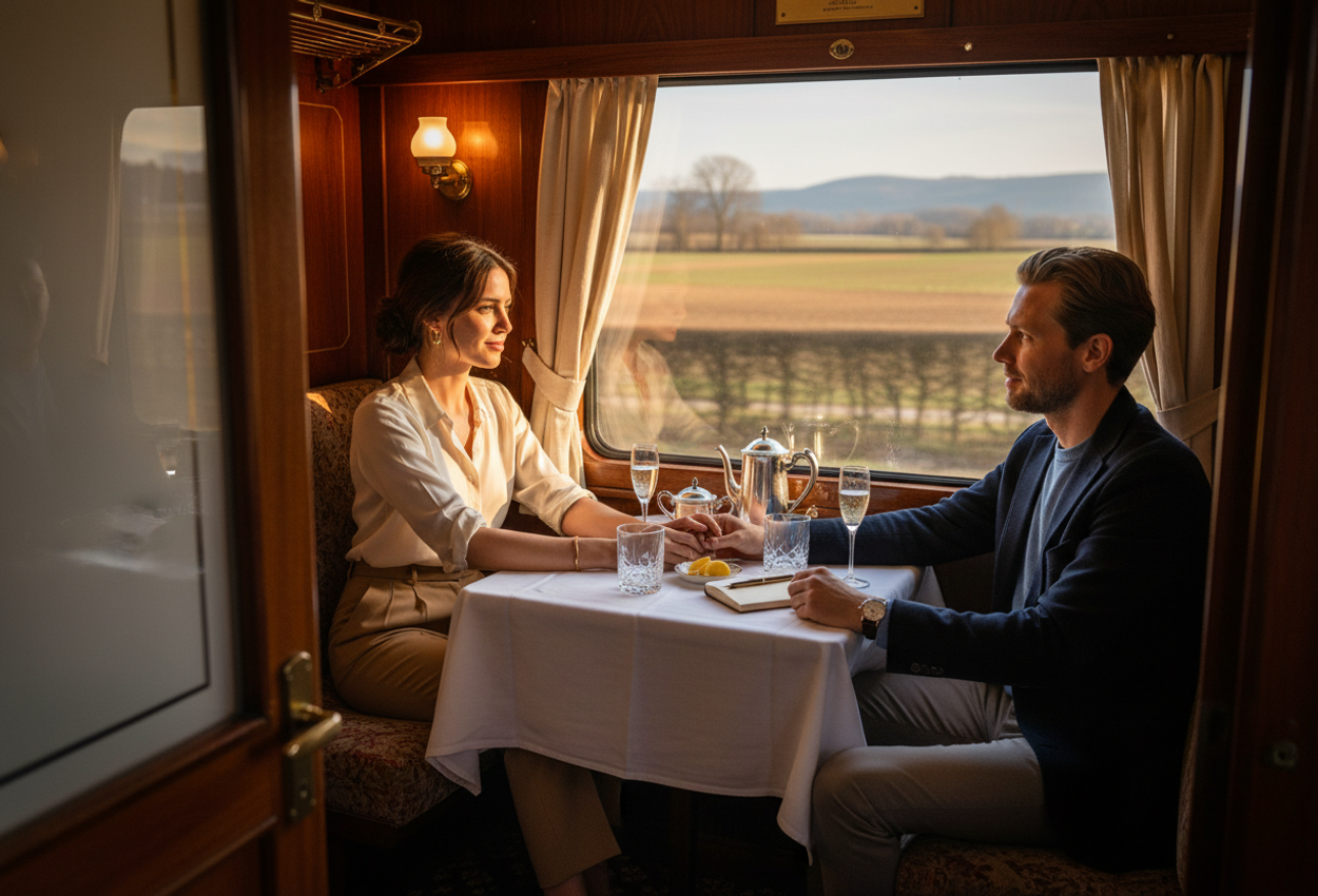 Romantic Couple in Vintage First-Class Train Compartment at Golden Hour A photograph shows a stylish couple in their early thirties sitting closely together in a vintage-style first-class train compartment during late-afternoon golden hour. They hold hands on a small linen-covered table set with a silver tea service and crystal glasses. Warm lamplight and polished wood panelling create a soft, nostalgic glow inside, while a blurred European countryside of fields and distant hills passes by outside the large window, giving a calm, intimate sense of slow, luxurious rail travel.