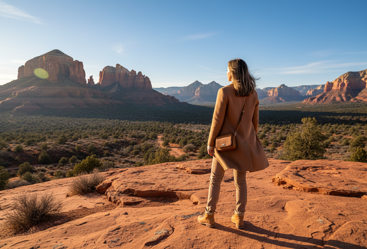 A wide landscape photograph of a solo female traveler standing on a rocky hilltop in Sedona, Arizona, facing away from the camera toward sweeping red rock formations. She wears a camel coat, light sweater, slim hiking trousers, and tan boots, her hair lifted slightly by a breeze. Warm late-afternoon winter light creates a soft rim glow around her and the rocks, with long shadows and a clear blue sky above. The red sandstone ledge in the foreground and layered mesas and buttes in the distance give a strong sense of depth and open space, conveying a quiet, reflective moment in nature.