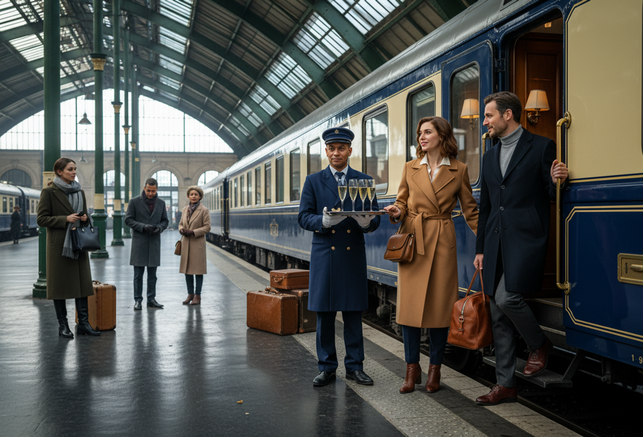 Luxury Winter Departure on a Venice-Style Express Train at a Historic Paris Station A high-resolution photograph shows a deep blue and cream luxury sleeper train at a grand Parisian station similar to Gare de l’Est. Under a soaring iron-and-glass roof on a cold February afternoon, a well-dressed couple in elegant winter coats steps aboard as a liveried porter offers a silver tray of champagne flutes. Vintage-style leather luggage rests on the polished stone platform, while the train’s brass handrails and enamel sides gleam in the soft filtered daylight. Other stylish passengers and the repeating iron columns fade gently into the background, creating a sense of depth, anticipation, and refined European travel.
