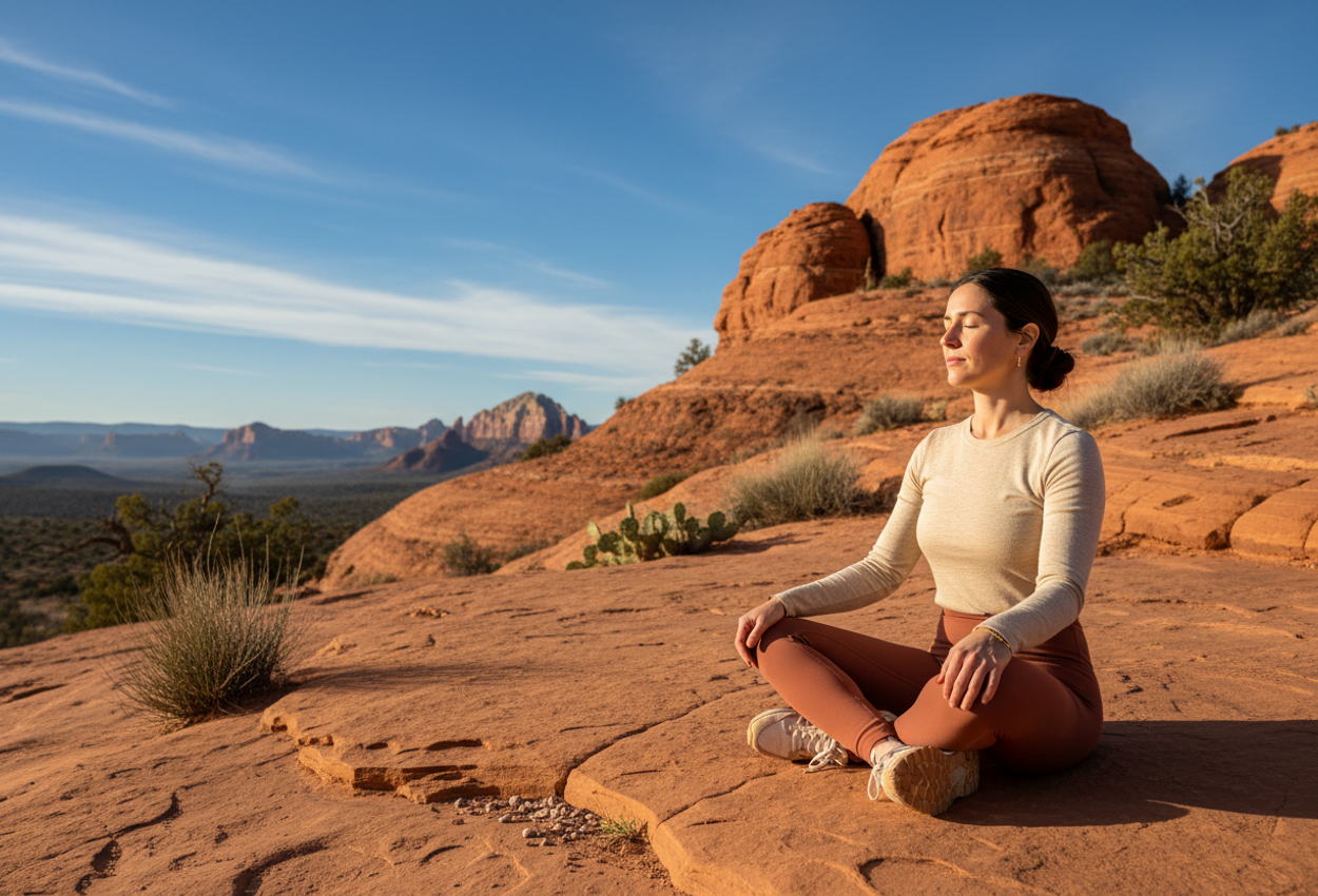 A high-resolution photograph of a woman in understated outdoor wear sitting cross-legged in meditation on a flat red sandstone ledge along Sedona’s Bell Rock Trail, surrounded by layered orange rock formations, sparse desert vegetation, and a deep blue afternoon sky, all rendered with natural warm light and fine, realistic textures.