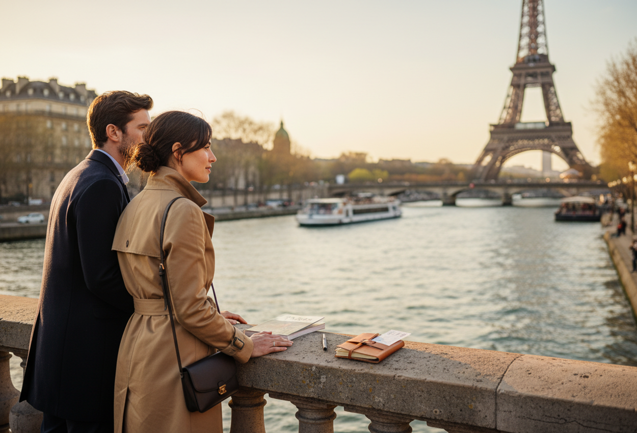 Romantic Golden Hour View Over the Seine with Eiffel Tower in Early Spring A candid photograph shows a stylish couple in their thirties standing close together at a stone balustrade along the Seine in Paris on an early spring evening. Seen from behind at golden hour, they look toward a softly blurred Eiffel Tower as warm sunlight reflects off the river. A guidebook, leather notebook, and pen rest on the weathered stone, hinting at upcoming travel plans. The river, classic Parisian buildings, budding trees, and softly glowing street lamps create a calm, romantic atmosphere in a 3:2 landscape composition.