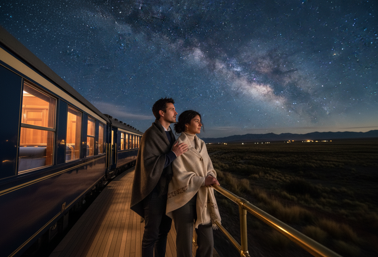 Luxury Night Sky View from the Belmond Andean Explorer Observation Car in Peru A high-resolution photograph taken from the open-air observation platform of the Belmond Andean Explorer in Peru shows a stylish couple wrapped in alpaca shawls standing at the brass rail, gazing out over the dark Andean plateau. The navy and cream train glows warmly from its interior lights while a dense band of the Milky Way arches across a deep indigo sky above distant mountain silhouettes and a few scattered farmhouse lights, creating a quiet, romantic scene that contrasts cozy human warmth with the vast night landscape.