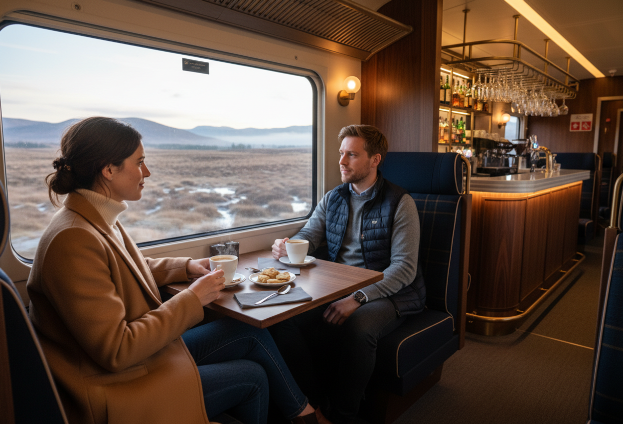 Cozy Morning in the Caledonian Sleeper Club Car Crossing Rannoch Moor A high-resolution interior photograph of the Caledonian Sleeper’s Club Car just after sunrise in early March, showing a stylish couple in knitwear sharing coffee and shortbread at a window table as the train crosses Rannoch Moor in the Scottish Highlands. Warm navy and tartan upholstery, soft interior lighting, and a blurred view of misty moorland and distant hills outside the large window create an intimate, serene atmosphere.