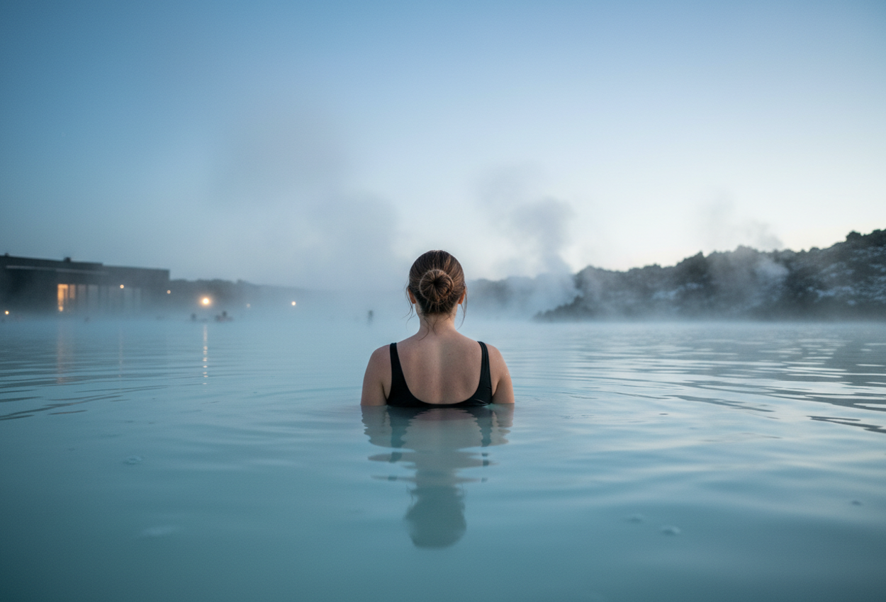 A wide, low-angle evening photograph at Iceland’s Blue Lagoon in February shows a single woman from behind, shoulders rising out of the milky-blue geothermal water. Dense steam drifts across a band of dark volcanic lava rocks and minimalist spa buildings in the distance, partially veiling them against a cool blue twilight sky. The scene feels quiet and cocooning, with soft ambient light, subtle ripples on the opaque water, and the woman’s relaxed posture conveying solitude, warmth, and recovery in a stark winter landscape.